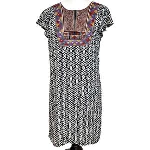 Maeve black white Aleteo embroidered neck dress flutter sleeve Anthropologie